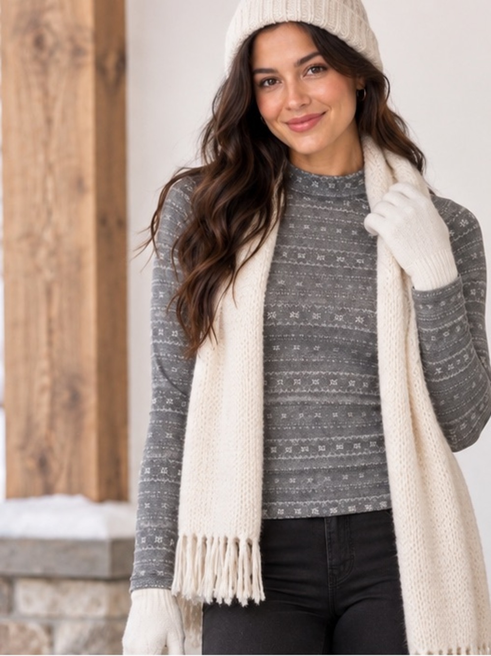 Devops Women's Gray Long-Sleeve Mock Neck Patterned Thermal Top